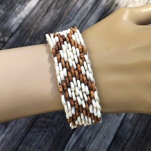 Handmade Ostrich Egg Beaded Bracelet Elegant White and Brown